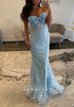 Strapless Sky Blue Bowknot Mermaid Floor-Length Prom Dresses with Appliques