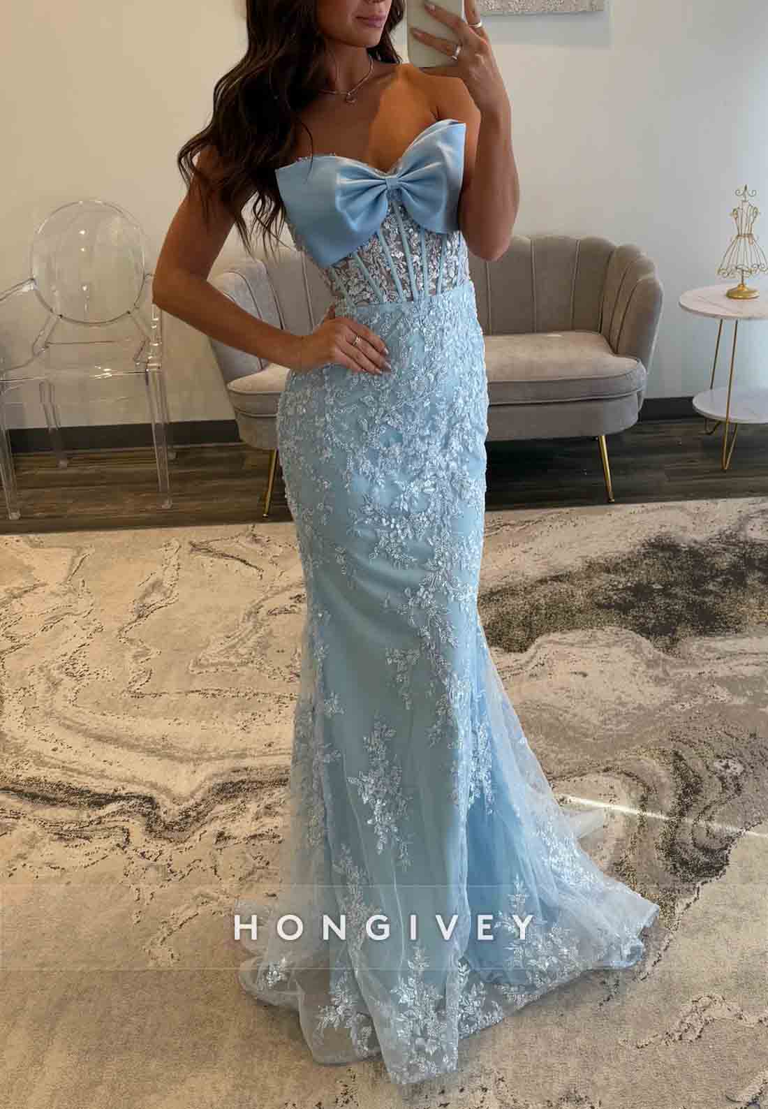 Strapless Sky Blue Bowknot Mermaid Floor-Length Prom Dresses with Appliques