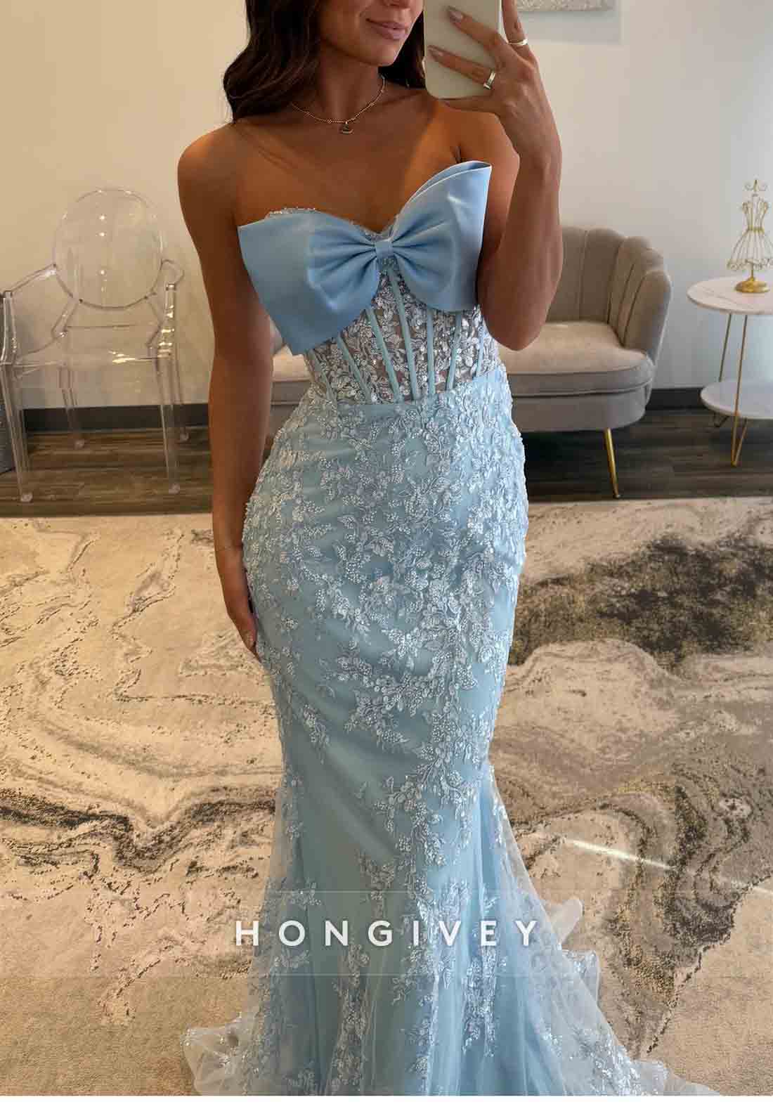 Strapless Sky Blue Bowknot Mermaid Floor-Length Prom Dresses with Appliques