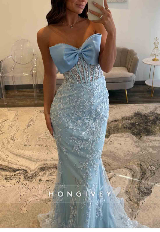 Strapless Sky Blue Bowknot Mermaid Floor-Length Prom Dresses with Appliques
