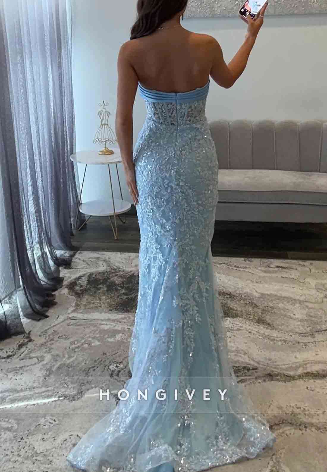Strapless Sky Blue Bowknot Mermaid Floor-Length Prom Dresses with Appliques