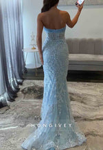 Strapless Sky Blue Bowknot Mermaid Floor-Length Prom Dresses with Appliques