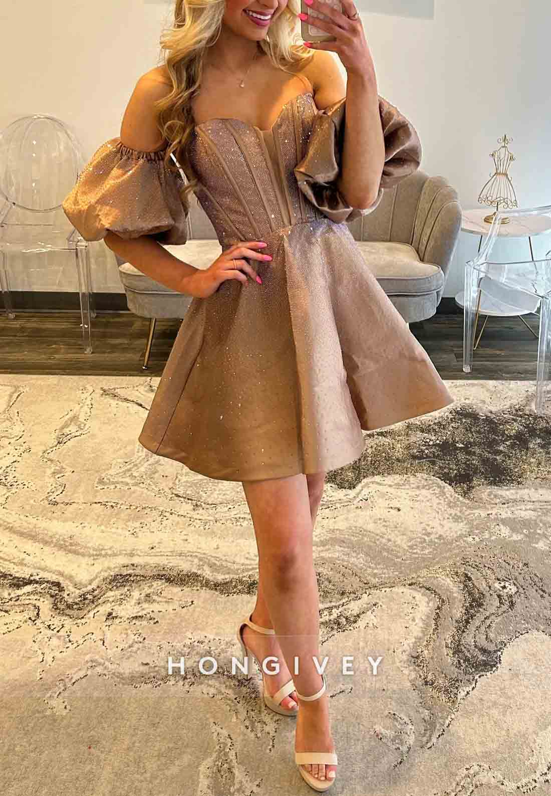 Off the Shoulder Low Back Pleated Sweetheart Princess Short Homecoming Dresses