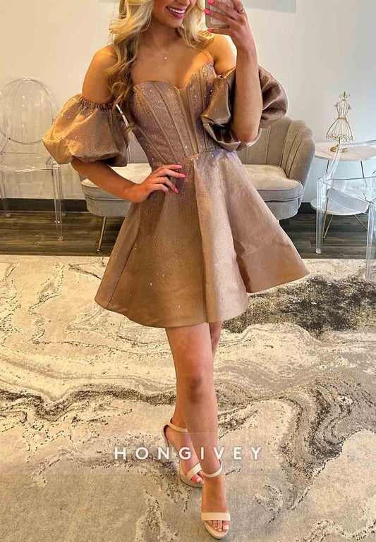 Off the Shoulder Low Back Pleated Sweetheart Princess Short Homecoming Dresses