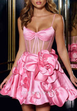 Spaghetti Straps Sleeveless Pink Flowers A-Line Satin Short Homecoming Dresses