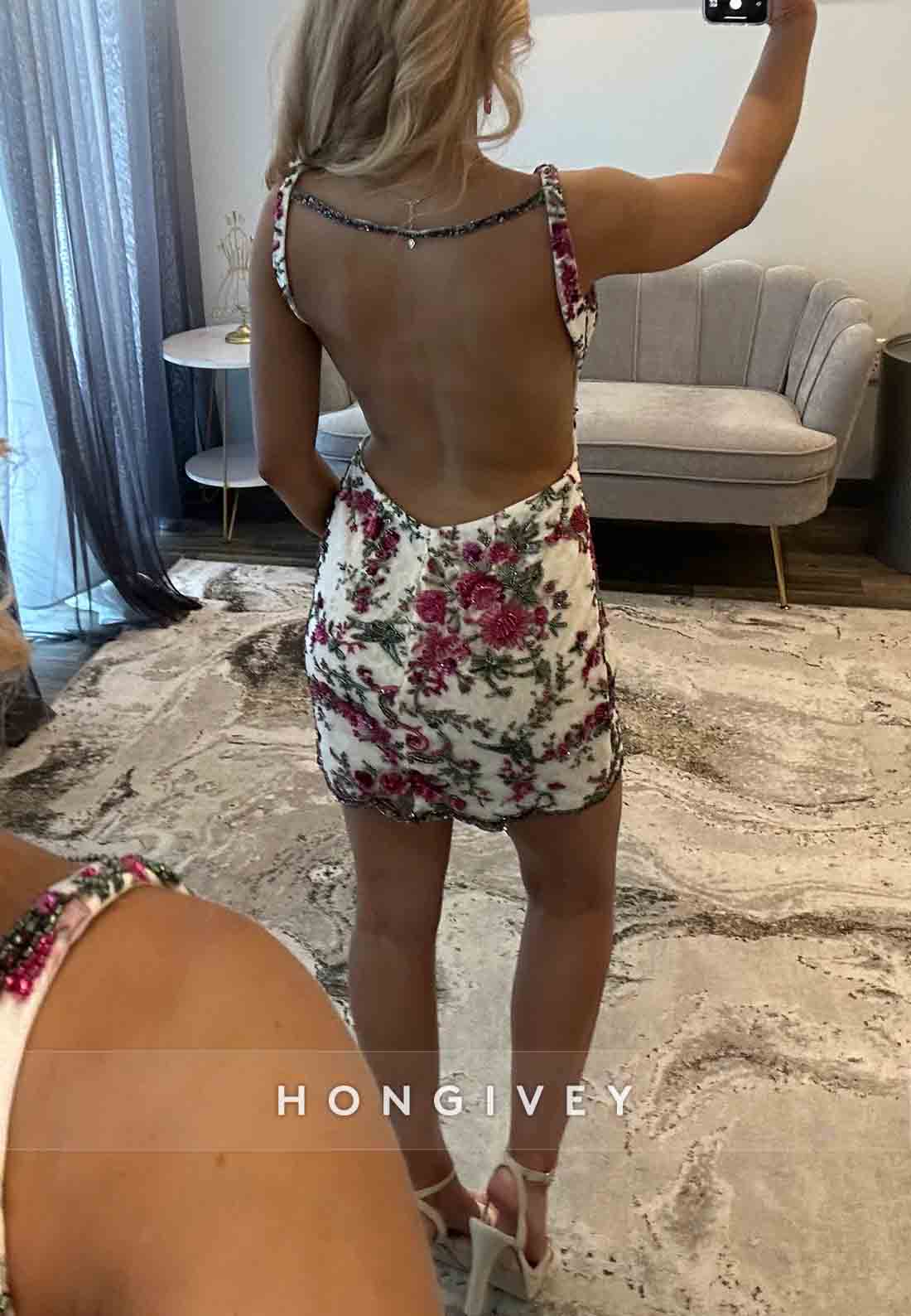 Embroidery Low V-Neck Open Back Sheath Regular Straps Mini Homecoming Dresses