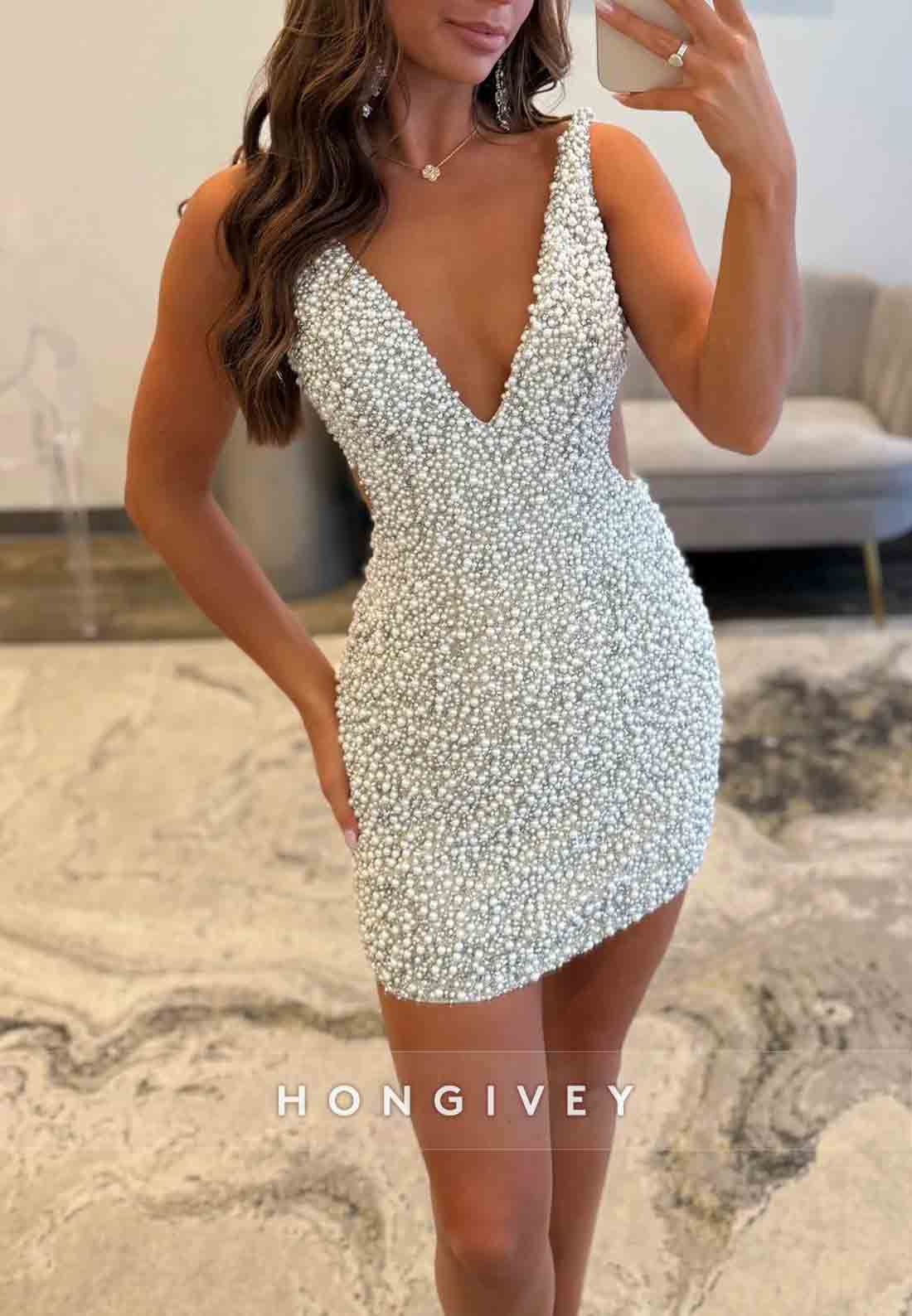 Low V-Neck Open Back Regular Straps Beading Sheath Short Homecoming Dresses