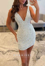 Low V-Neck Open Back Regular Straps Beading Sheath Short Homecoming Dresses