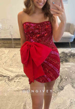 Red Strapless Beading Sheath Low Back Sleeveless Mini Homecoming Dresses with Bowknot