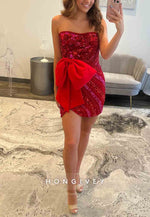 Red Strapless Beading Sheath Low Back Sleeveless Mini Homecoming Dresses with Bowknot