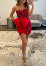 Red Strapless Beading Sheath Low Back Sleeveless Mini Homecoming Dresses with Bowknot