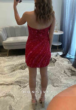 Red Strapless Beading Sheath Low Back Sleeveless Mini Homecoming Dresses with Bowknot