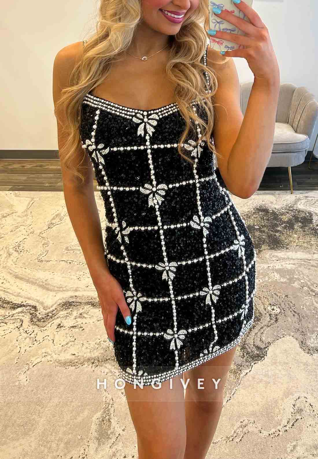 Spaghetti Straps Low Back Sheath Short Homecoming Dress with Beading Bowknot