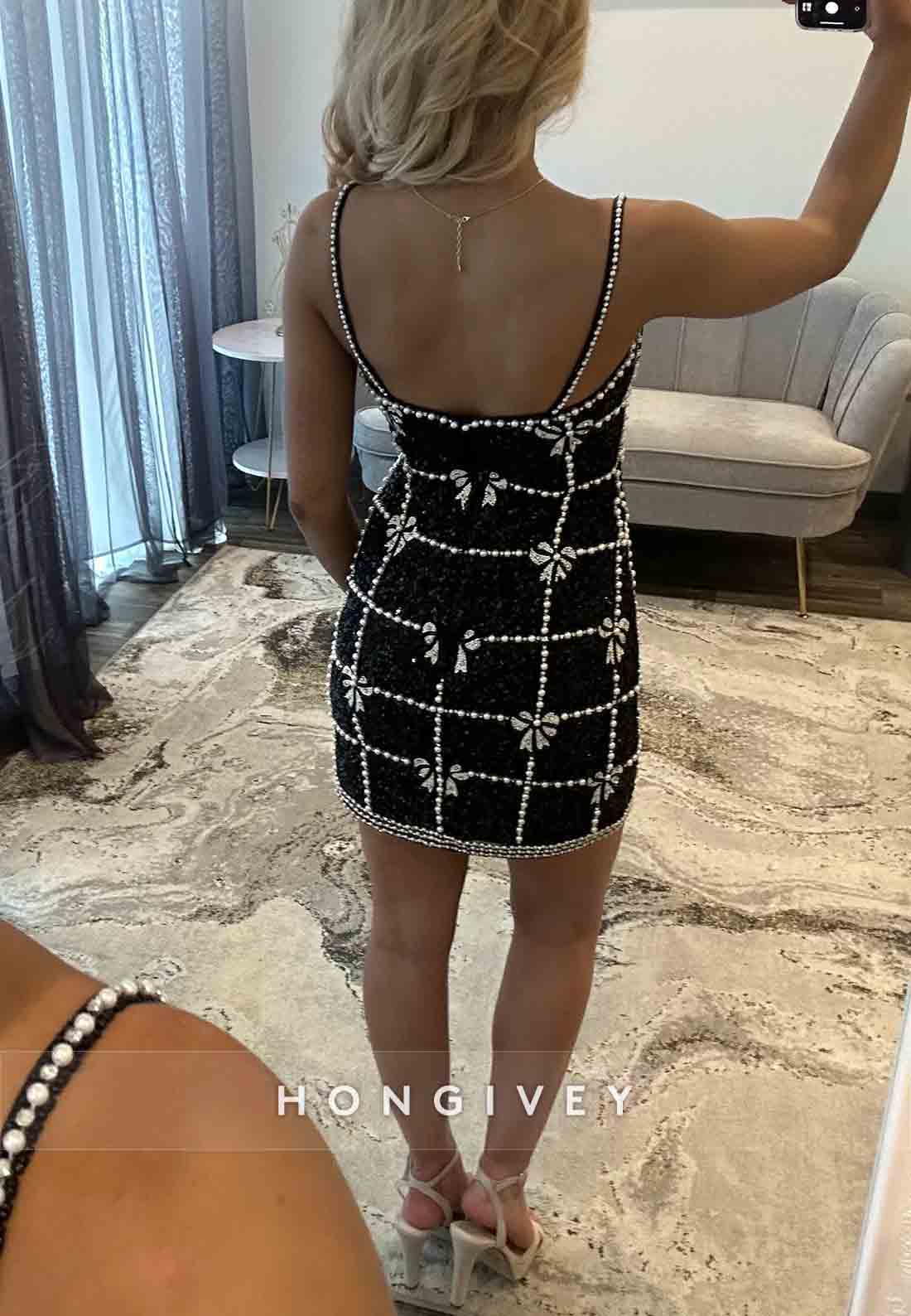 Spaghetti Straps Low Back Sheath Short Homecoming Dress with Beading Bowknot