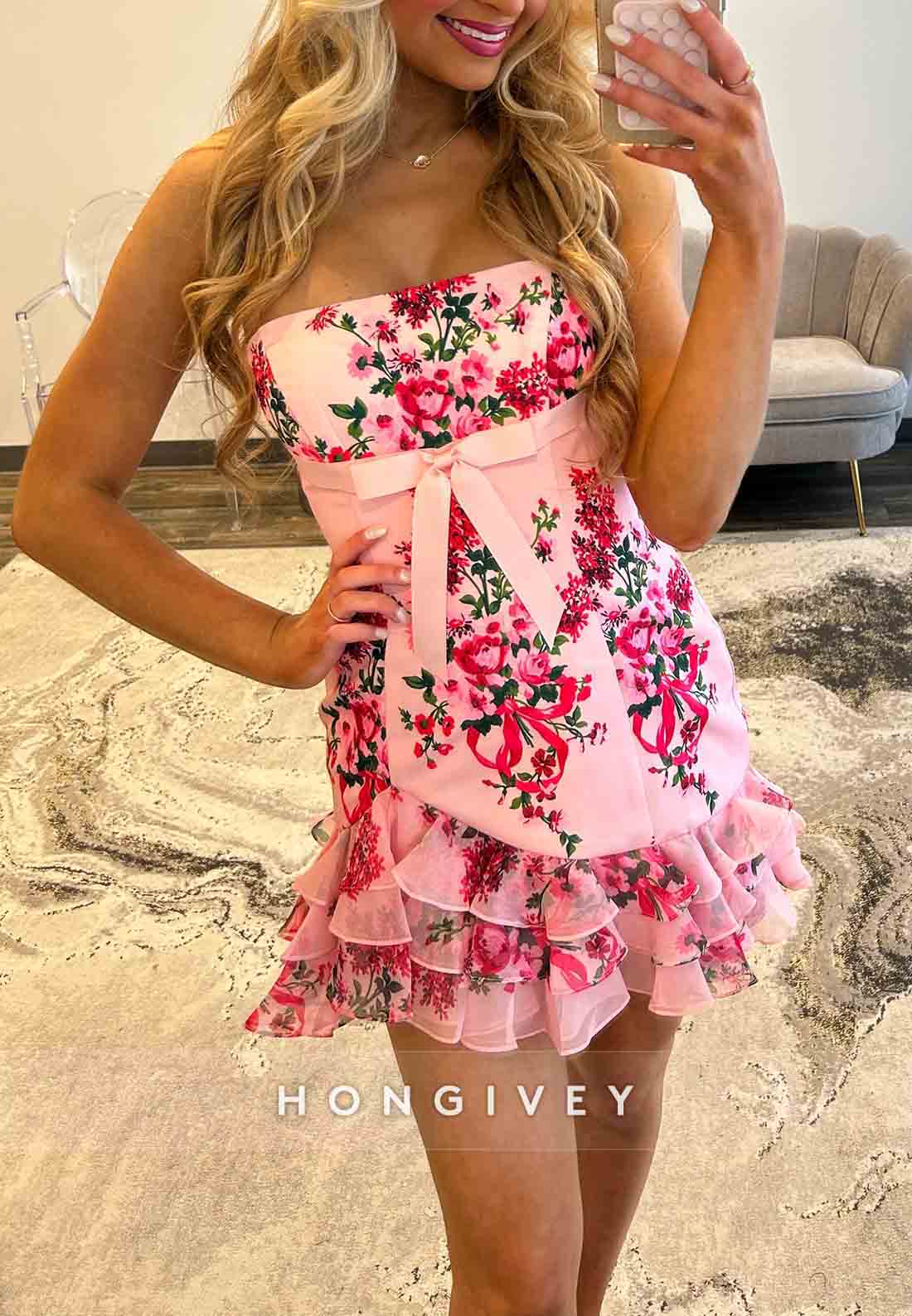 Strapless Asymmetrical Floral Print Bowknot Sleeveless Mini Homecoming Dresses