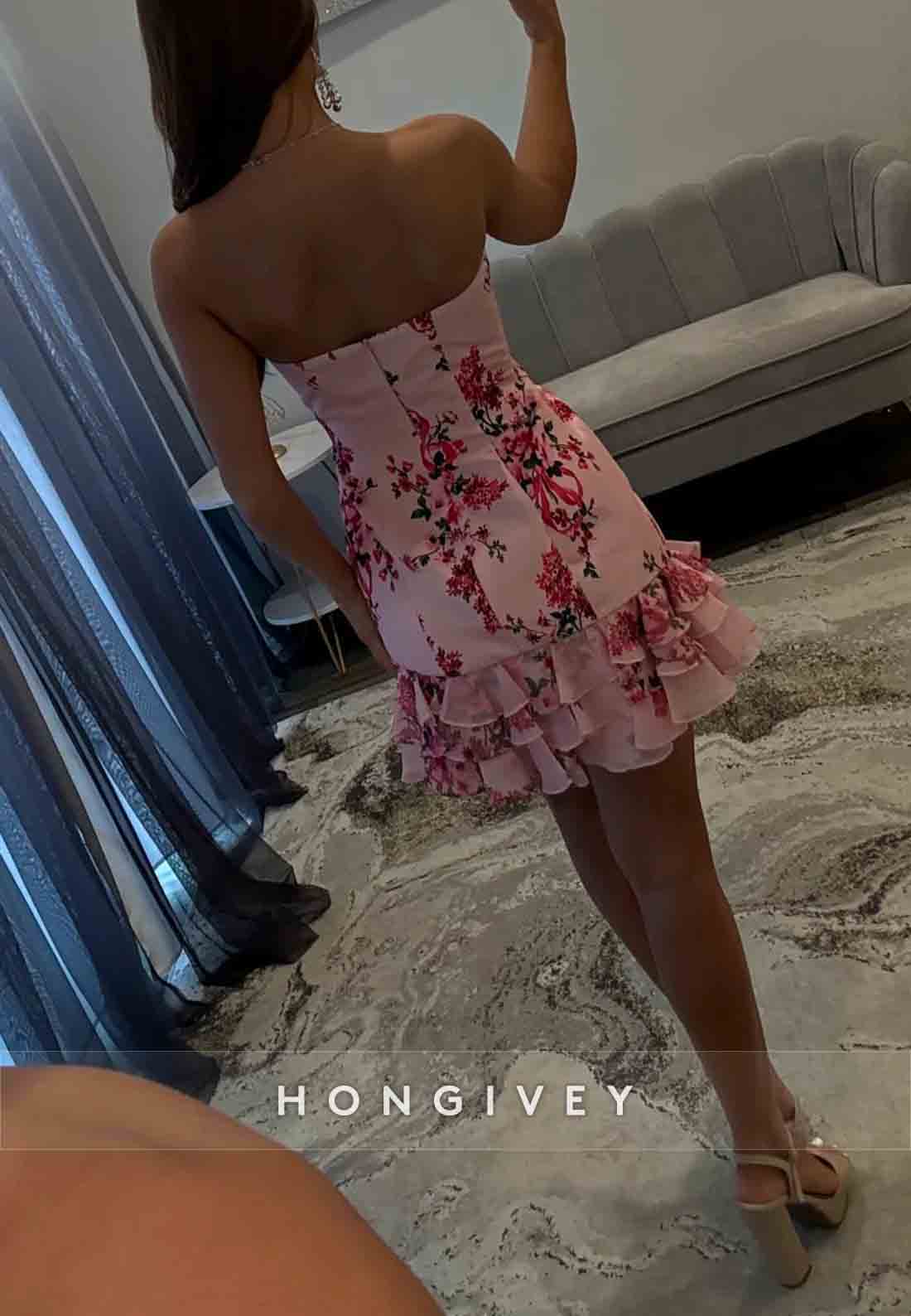 Strapless Asymmetrical Floral Print Bowknot Sleeveless Mini Homecoming Dresses