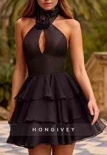 Halter A-Line High Neck Ruched Short Homecoming Dresses with Keyhole