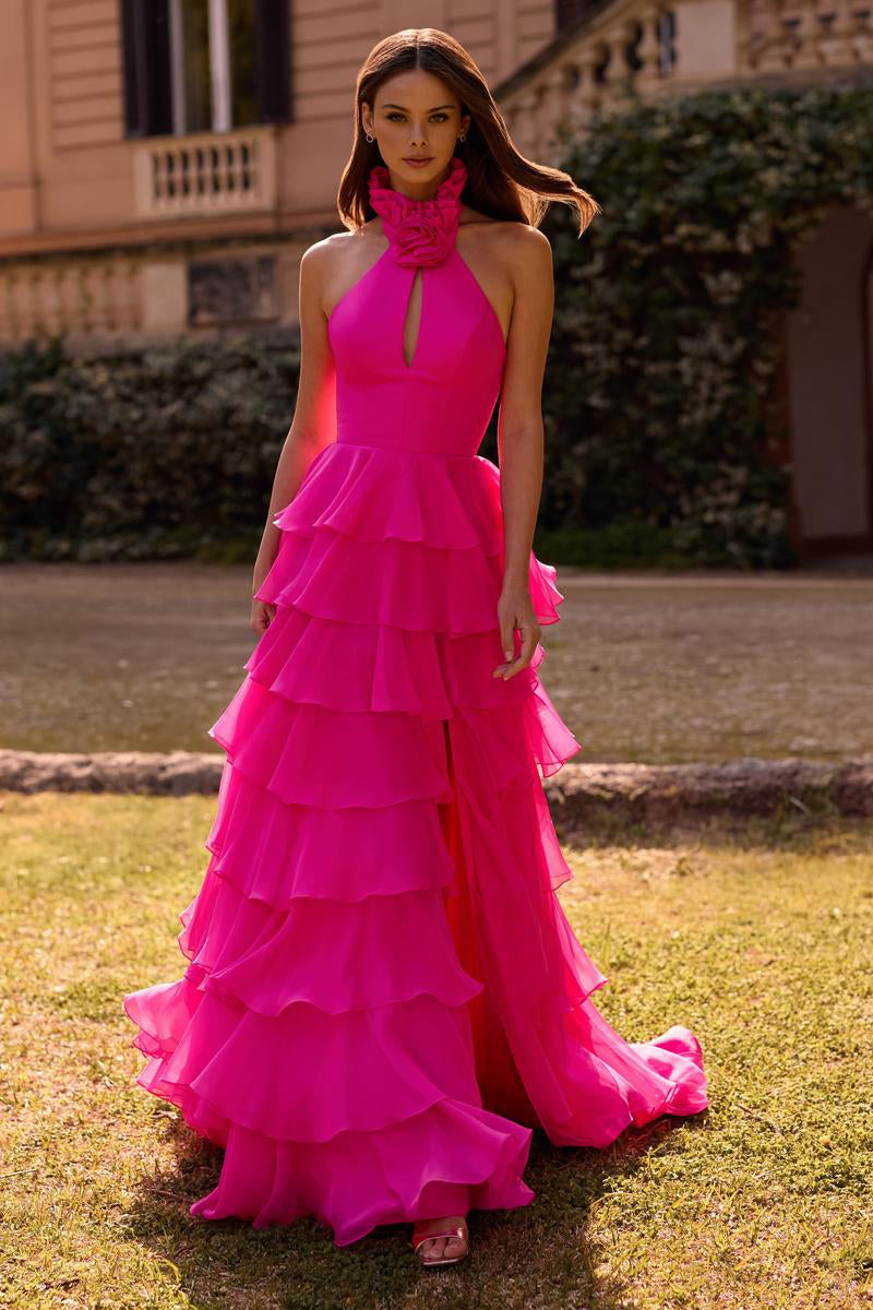 Halter Sleeveless A-Line Flowers Backless Tassel Side Slit Floor-Length Prom Dress