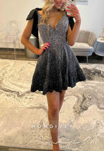 Low V-Neck A-Line Beading Pleated Short Homecoming Dress with Bowknot