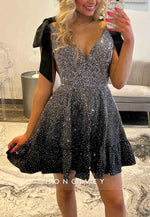 Low V-Neck A-Line Beading Pleated Short Homecoming Dress with Bowknot