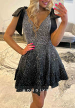 Low V-Neck A-Line Beading Pleated Short Homecoming Dress with Bowknot