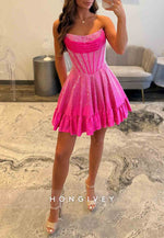 Glitter Strapless Tie Back A-Line Ruched Beading Mini Homecoming Dresses
