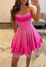 Glitter Strapless Tie Back A-Line Ruched Beading Mini Homecoming Dresses