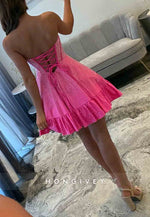 Glitter Strapless Tie Back A-Line Ruched Beading Mini Homecoming Dresses
