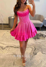 Glitter Strapless Tie Back A-Line Ruched Beading Mini Homecoming Dresses