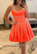 Glitter Strapless Tie Back A-Line Ruched Beading Mini Homecoming Dresses