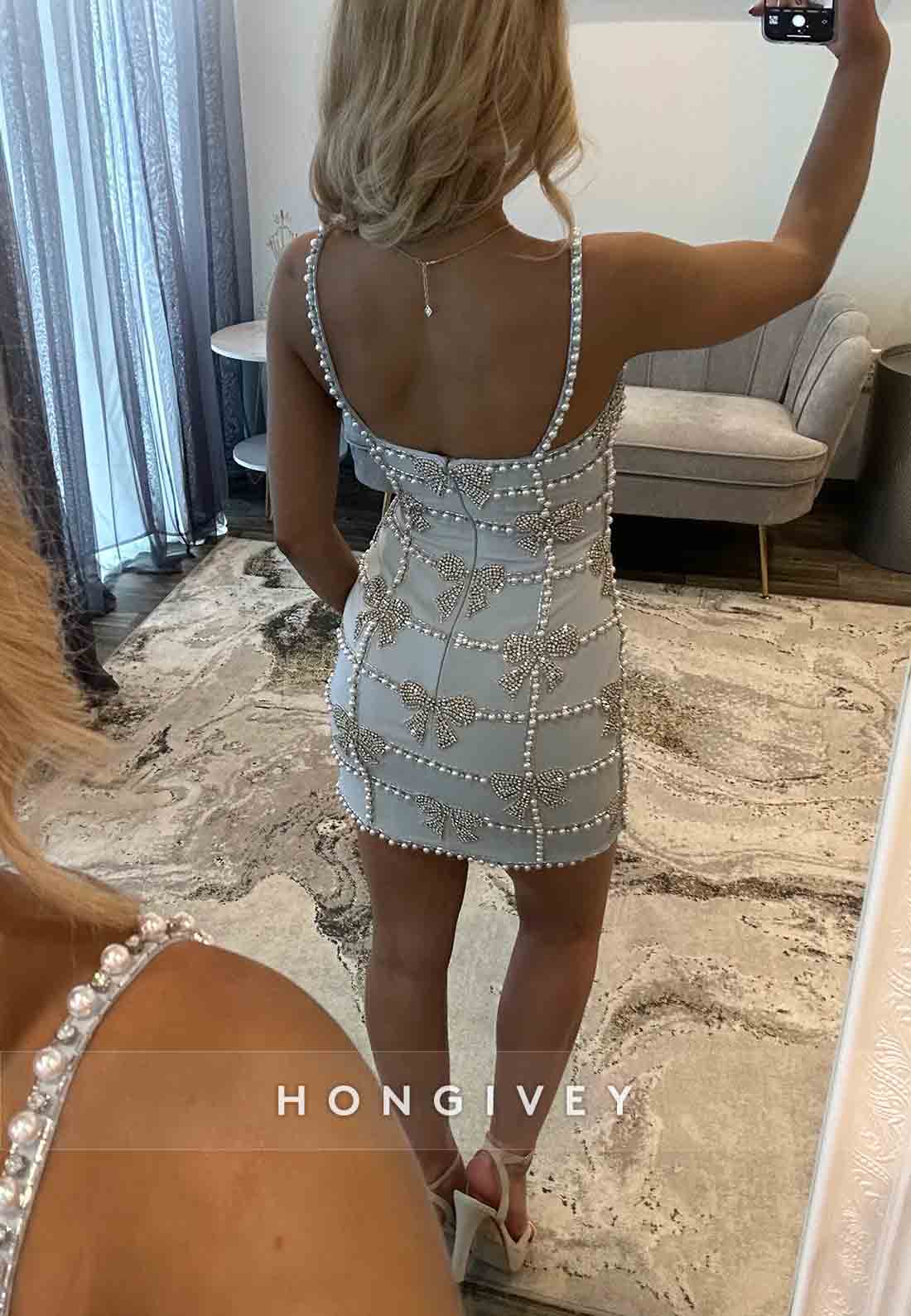 Spaghetti Straps Low Back Sheath Bowknot Beading Short Homecoming Dresses