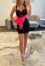 Spaghetti Straps Sweetheart Beading Mini Homecoming Dresses with Bowknot Waist