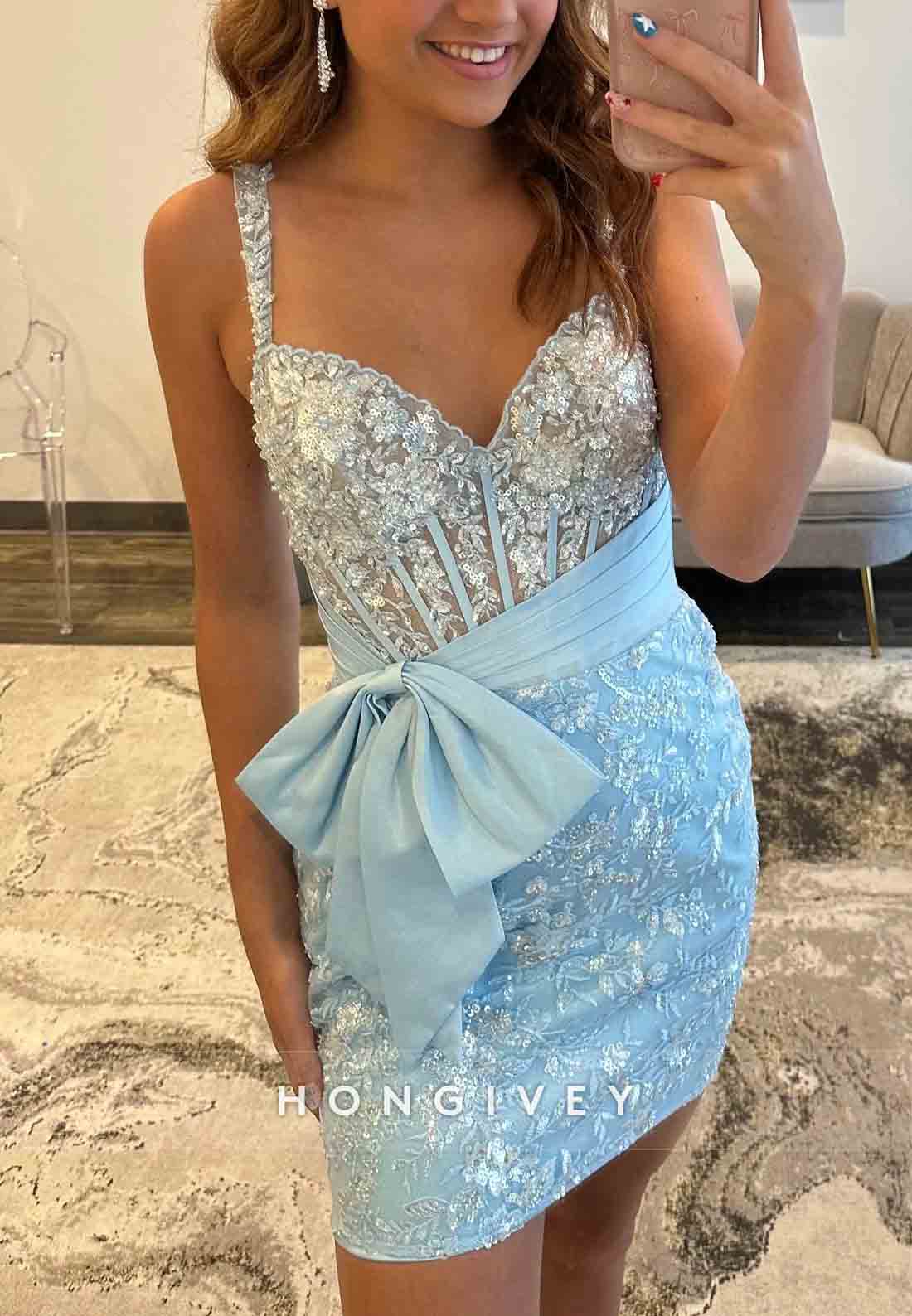 Spaghetti Straps Sweetheart Beading Mini Homecoming Dresses with Bowknot Waist