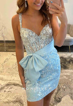 Spaghetti Straps Sweetheart Beading Mini Homecoming Dresses with Bowknot Waist