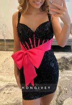 Spaghetti Straps Sweetheart Beading Mini Homecoming Dresses with Bowknot Waist