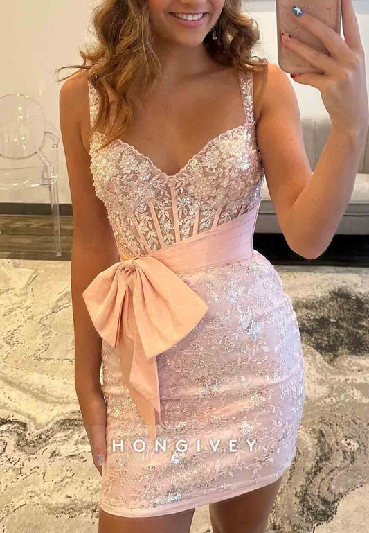 Spaghetti Straps Sweetheart Beading Mini Homecoming Dresses with Bowknot Waist