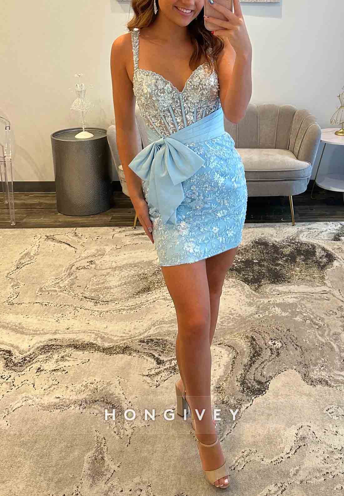 Spaghetti Straps Sweetheart Beading Mini Homecoming Dresses with Bowknot Waist
