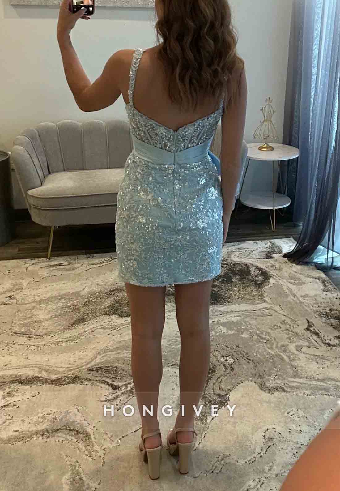 Spaghetti Straps Sweetheart Beading Mini Homecoming Dresses with Bowknot Waist