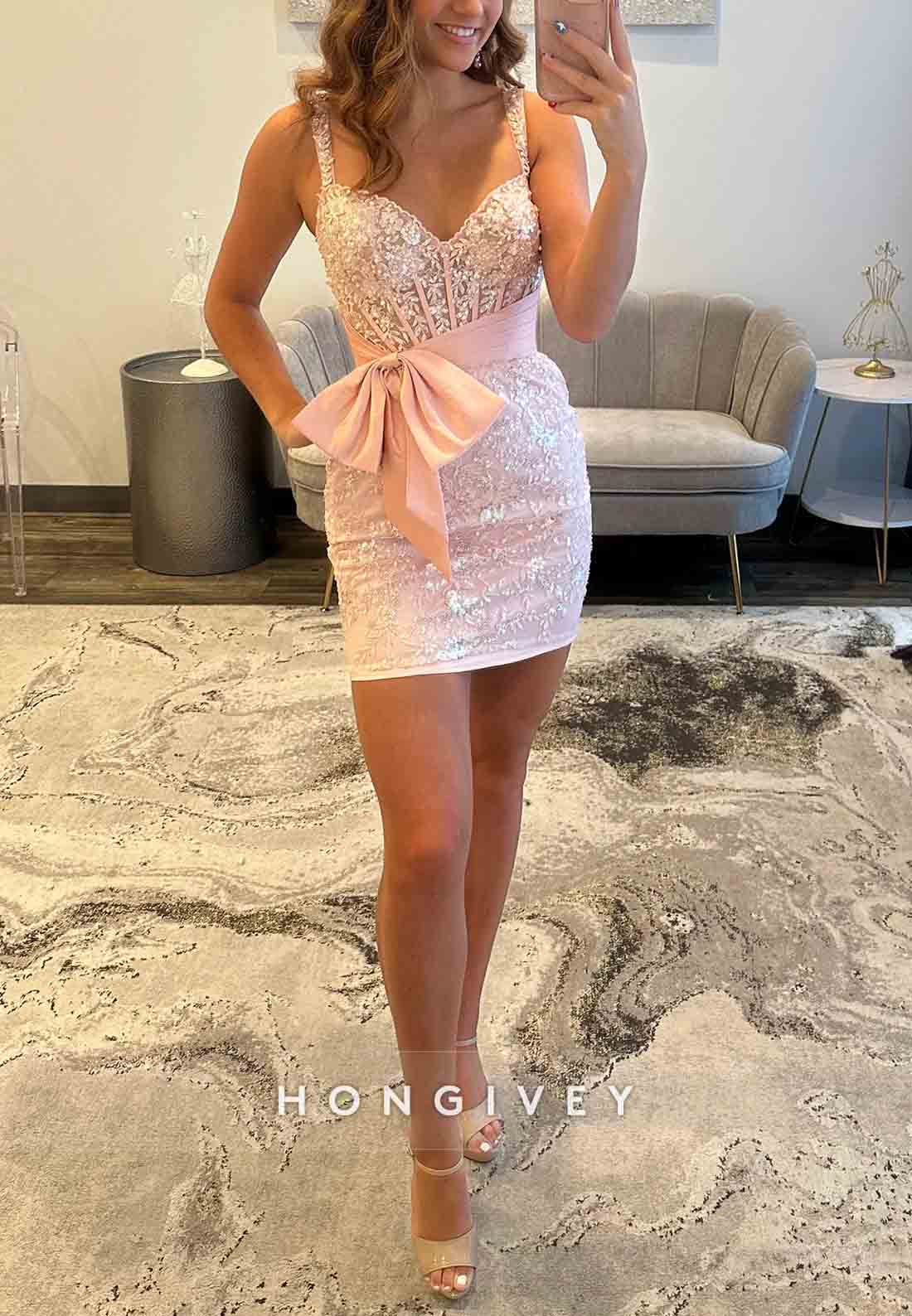 Spaghetti Straps Sweetheart Beading Mini Homecoming Dresses with Bowknot Waist