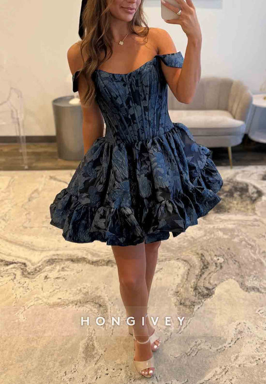 Floral Print Navy Blue Off the Shoulder Princess Short Homecoming Dresses with Corset