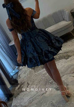 Floral Print Navy Blue Off the Shoulder Princess Short Homecoming Dresses with Corset