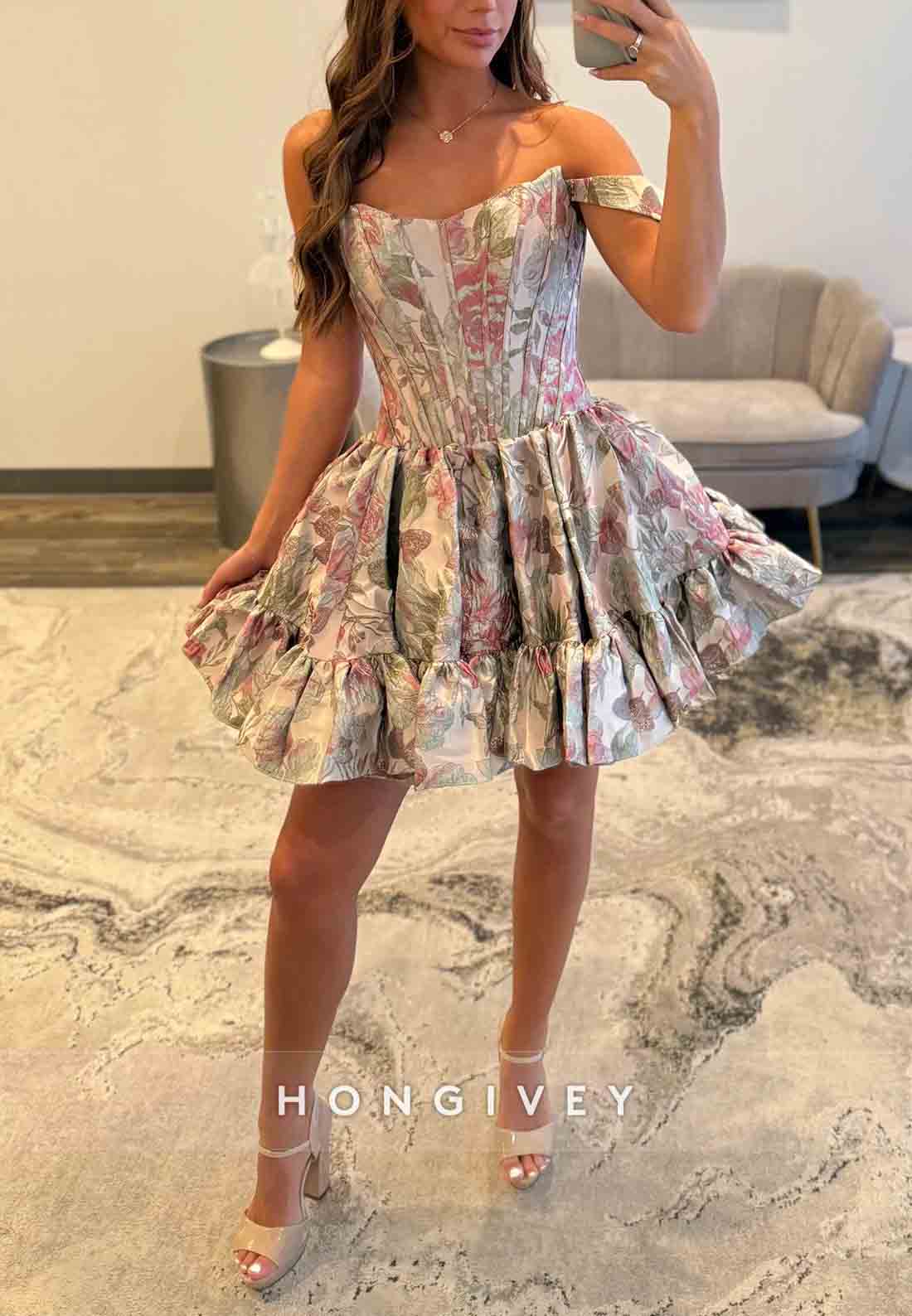Chic Off the Shoulder Pleated Floral Print Princess Short Homecoming Dresses