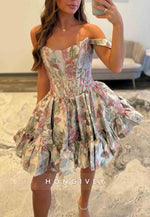 Chic Off the Shoulder Pleated Floral Print Princess Short Homecoming Dresses