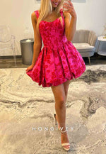 Ball Gown Floral Print Ruched Open Back Regular Straps Short Homecoming Dress