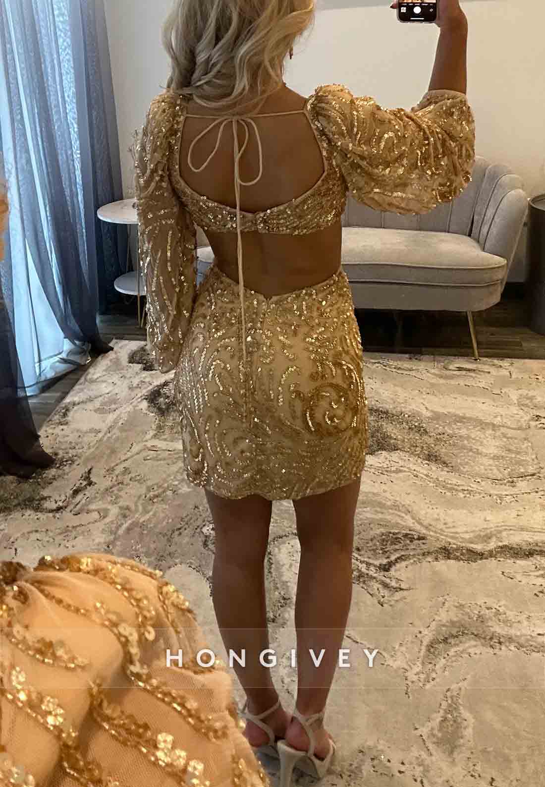 Golden Long Sleeves Sheath V-Neck Beading Short Homecoming Dresses