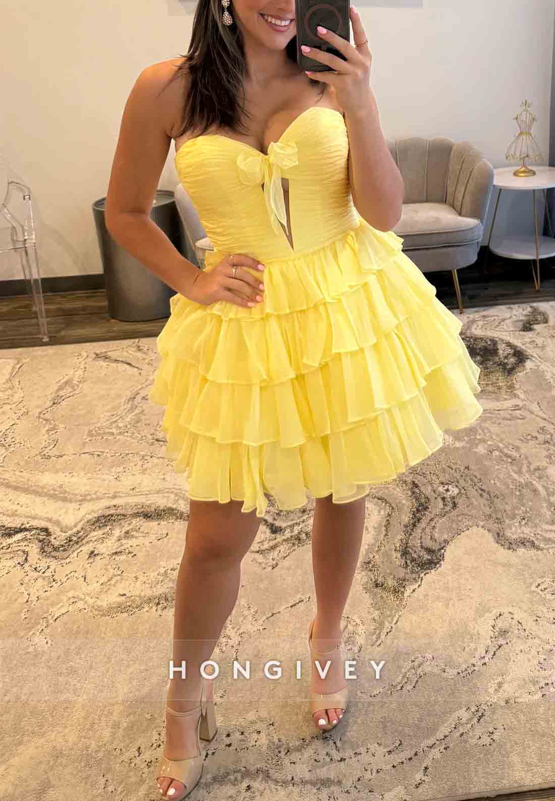 A-Line Strapless Sweetheart Low Back Short Homecoming Dress with Ruffles