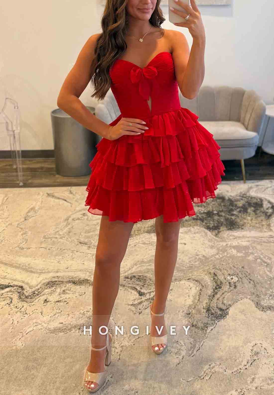 A-Line Strapless Sweetheart Low Back Short Homecoming Dress with Ruffles