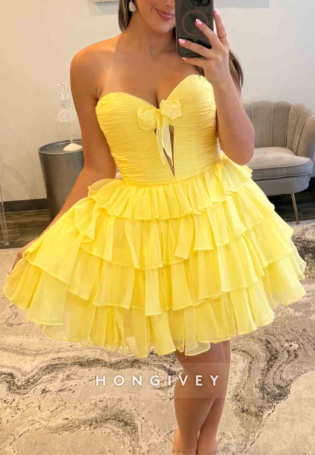 A-Line Strapless Sweetheart Low Back Short Homecoming Dress with Ruffles
