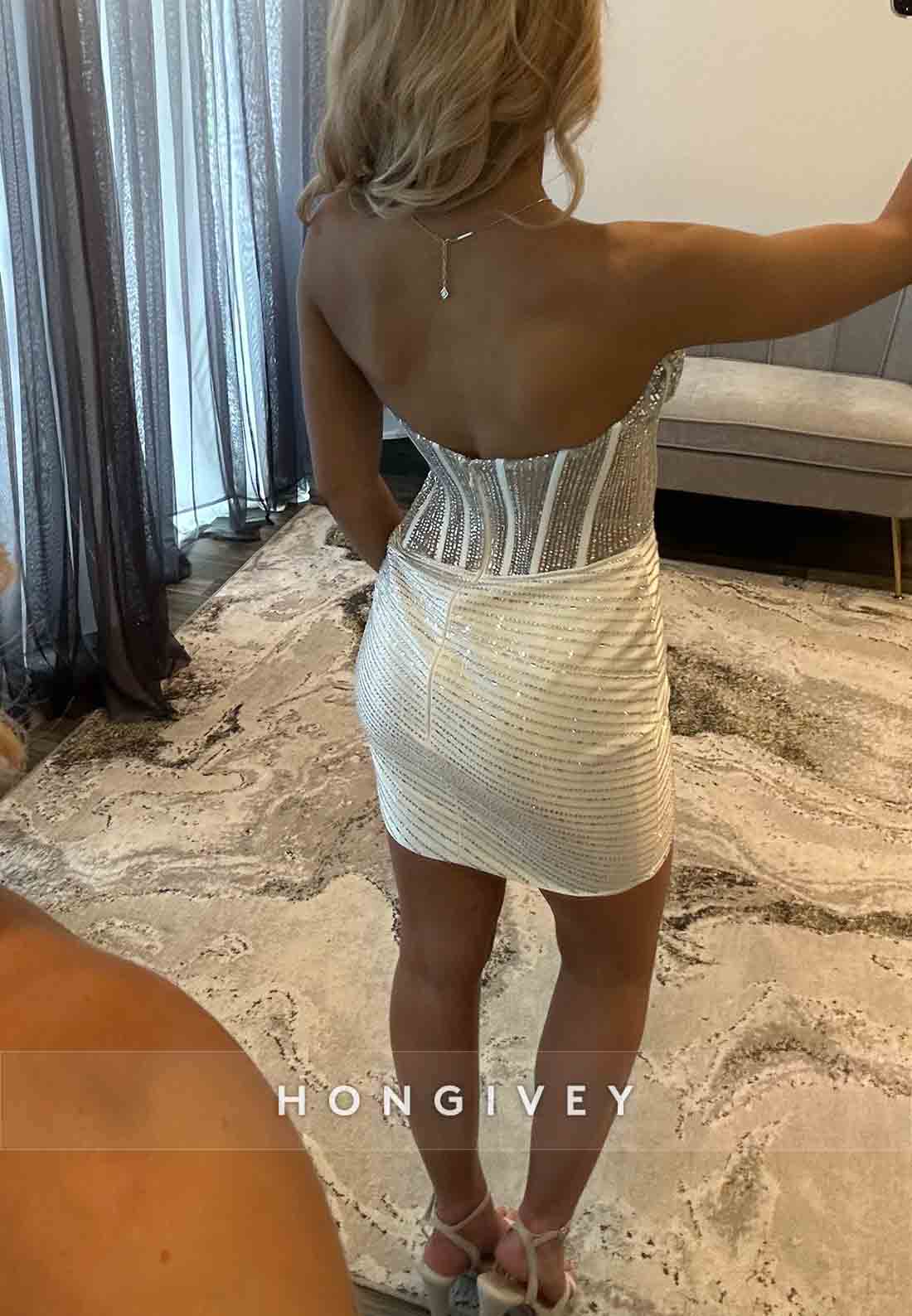 Sweetheart Low Back Sheath Metallic Yarn Mini Homecoming Dress with Beading