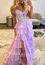 Lilac Spaghetti Straps Side Slit Appliqued Corset Prom Dress with Ruffles